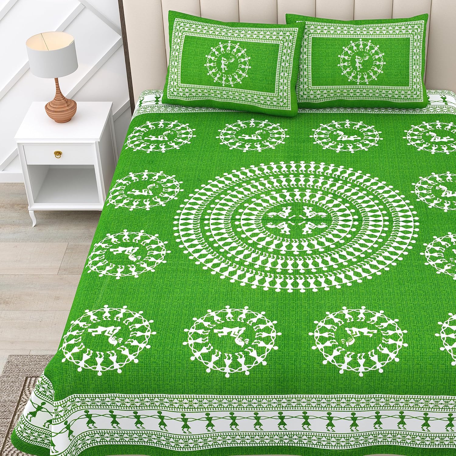 Printed Double Bedsheets For King Size With Tow Matching Pillow Covers - 90 X 100 Inches, Green & White | Comfort Jaipuri Collection Bedsheet - Suitable For All Seasons