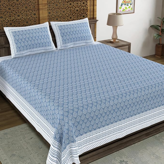 Hand Block Printed Cotton King Size Bedsheet With 2 Pillow Covers, 90 X 108 Inches, Blue | 200 Thread Count-Good For Villas, Resorts, Guest Houses, & Daily Home Use
