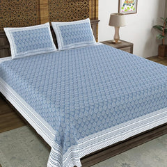 Hand Block Printed Cotton King Size Bedsheet With 2 Pillow Covers, 90 X 108 Inches, Blue | 200 Thread Count-Good For Villas, Resorts, Guest Houses, & Daily Home Use