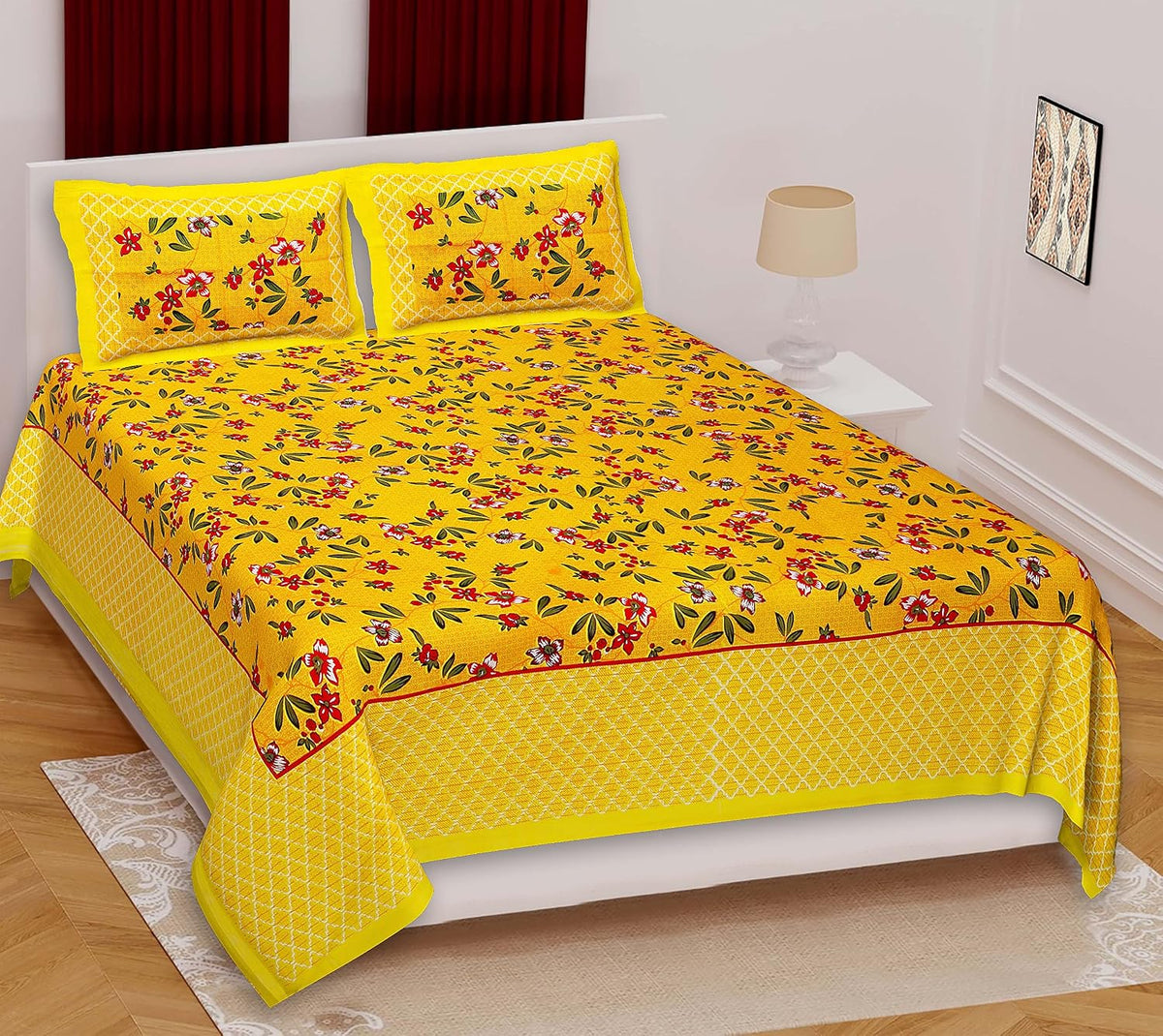 Printed Double Bedsheets For King Size With 2 Pillow Covers - 90 X 100 Inches, Yellow & Red | Comfort Jaipuri Collection Bedsheet
