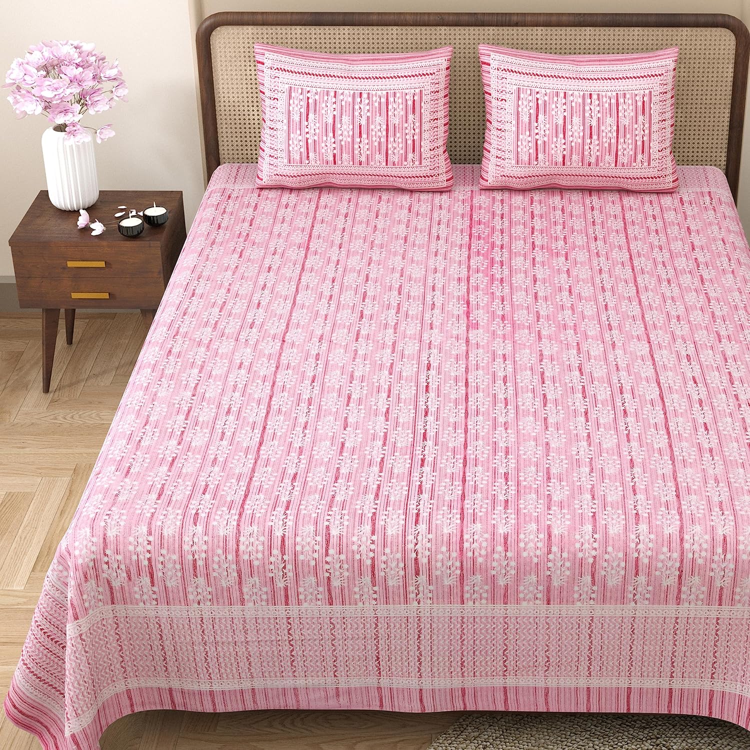 King Size Bedsheet With 2 Pillow Cover - 90 X 108 Inches, Pink & White | Light Weight & Easy To Wash At Home | Resistant For An All-Season Use