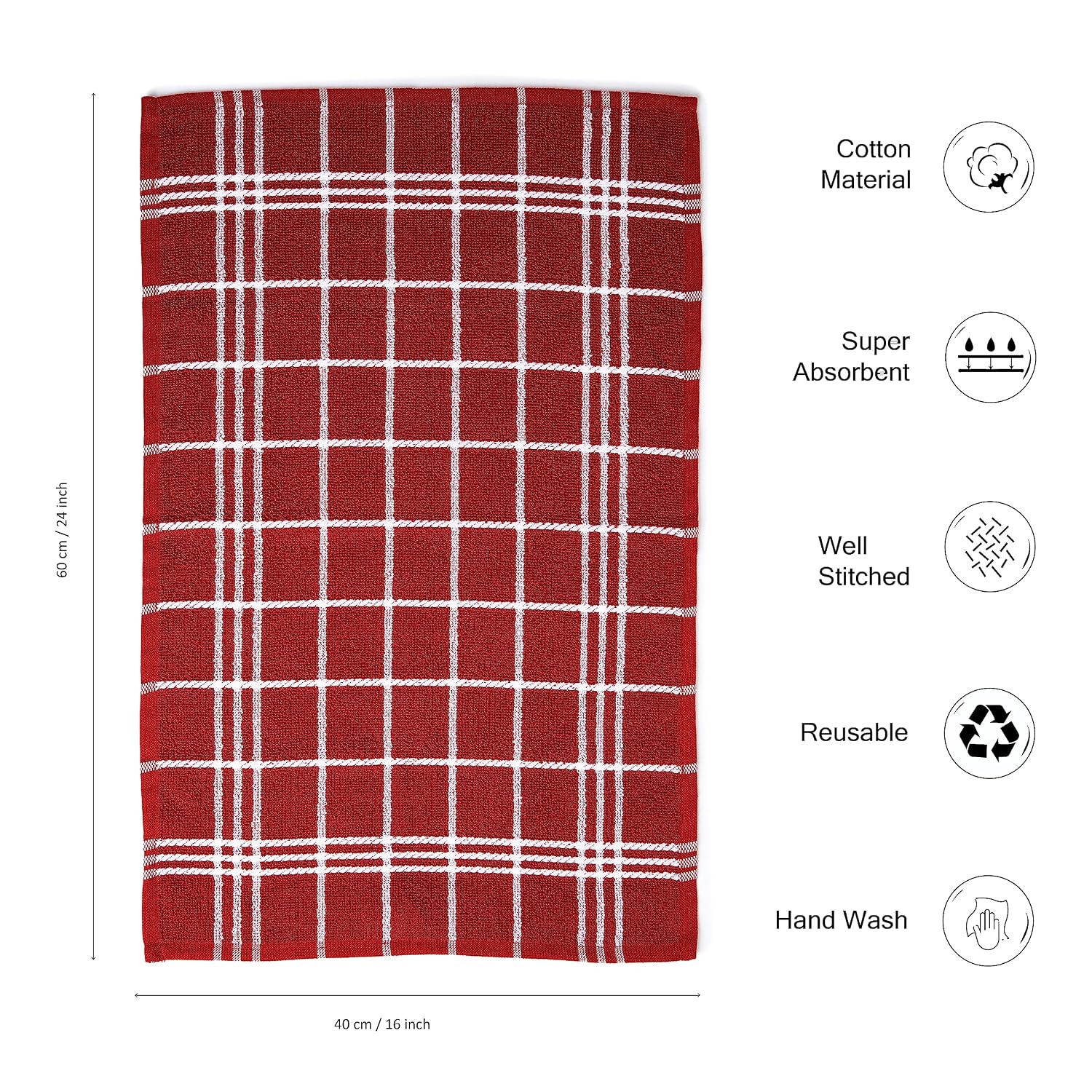 Encasa Xo Kitchen Towels Dish Cloths Sets 430 Gsm | Highly Absorbent Cotton Terry Towels Multipurpose For Washing Dishes & Cleaning Towel | Pack Of 4 (Red Terry)