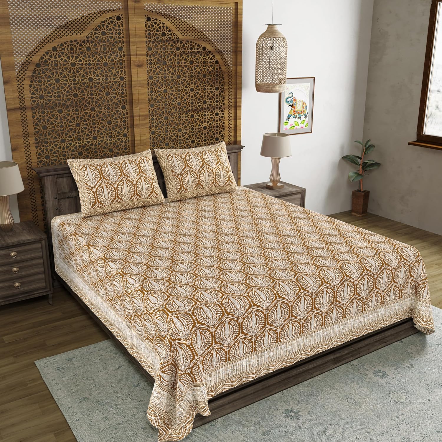 Traditional Hand Block Printed Cotton King Size Bedsheet With 2 Pillow Covers, 104 X 104 Inches, Brown | 200 Thread Count-Vibrant Bedding For Stylish Bedrooms