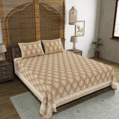 Traditional Hand Block Printed Cotton King Size Bedsheet With 2 Pillow Covers, 104 X 104 Inches, Brown | 200 Thread Count-Vibrant Bedding For Stylish Bedrooms