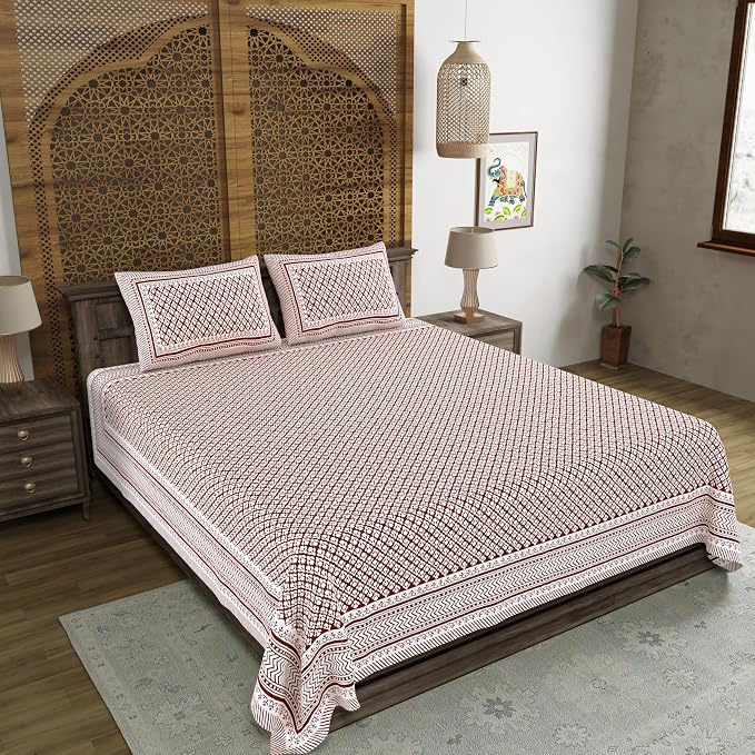 Hand Block Printed Cotton King Size Bedsheet With 2 Pillow Covers, 106 X 106 Inches, Brown | Good For Villas, Guest Houses, & Daily Home Use
