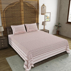 Hand Block Printed Cotton King Size Bedsheet With 2 Pillow Covers, 106 X 106 Inches, Brown | Good For Villas, Guest Houses, & Daily Home Use