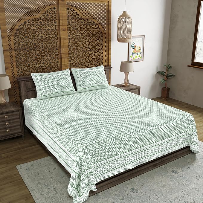 Traditional Hand Block Printed Cotton King Size Bedsheet With 2 Pillow Covers, 104 X 104 Inches, Light Green | 200 Thread Count-Vibrant Bedding For Stylish Bedrooms