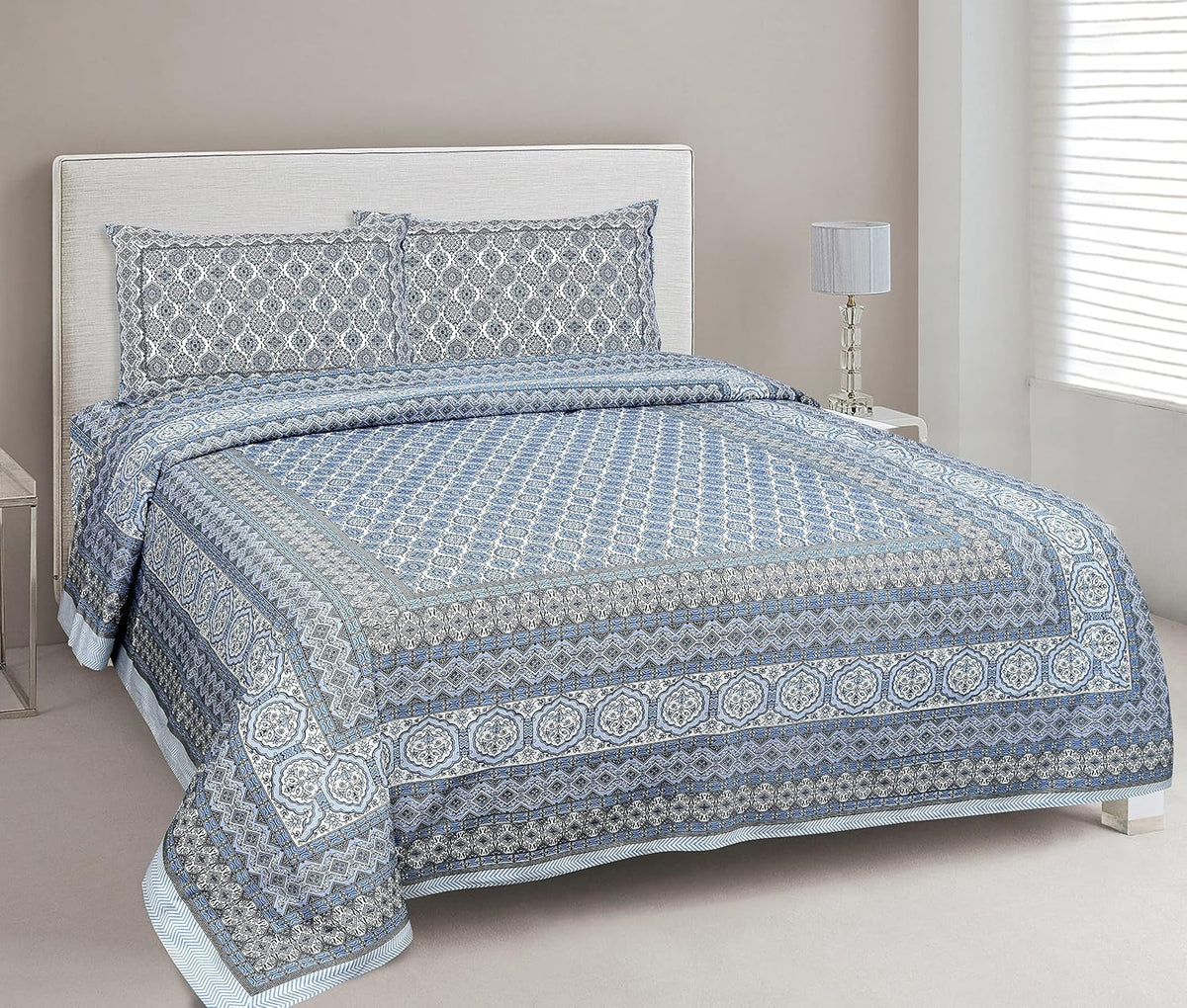 Traditional Rajasthani Design Bedsheet With 2 Pillow Covers - 90 X 108 Inches, Ocean Blue | Color Fade Resistant & Shrinkage Resistant For All-Season Use
