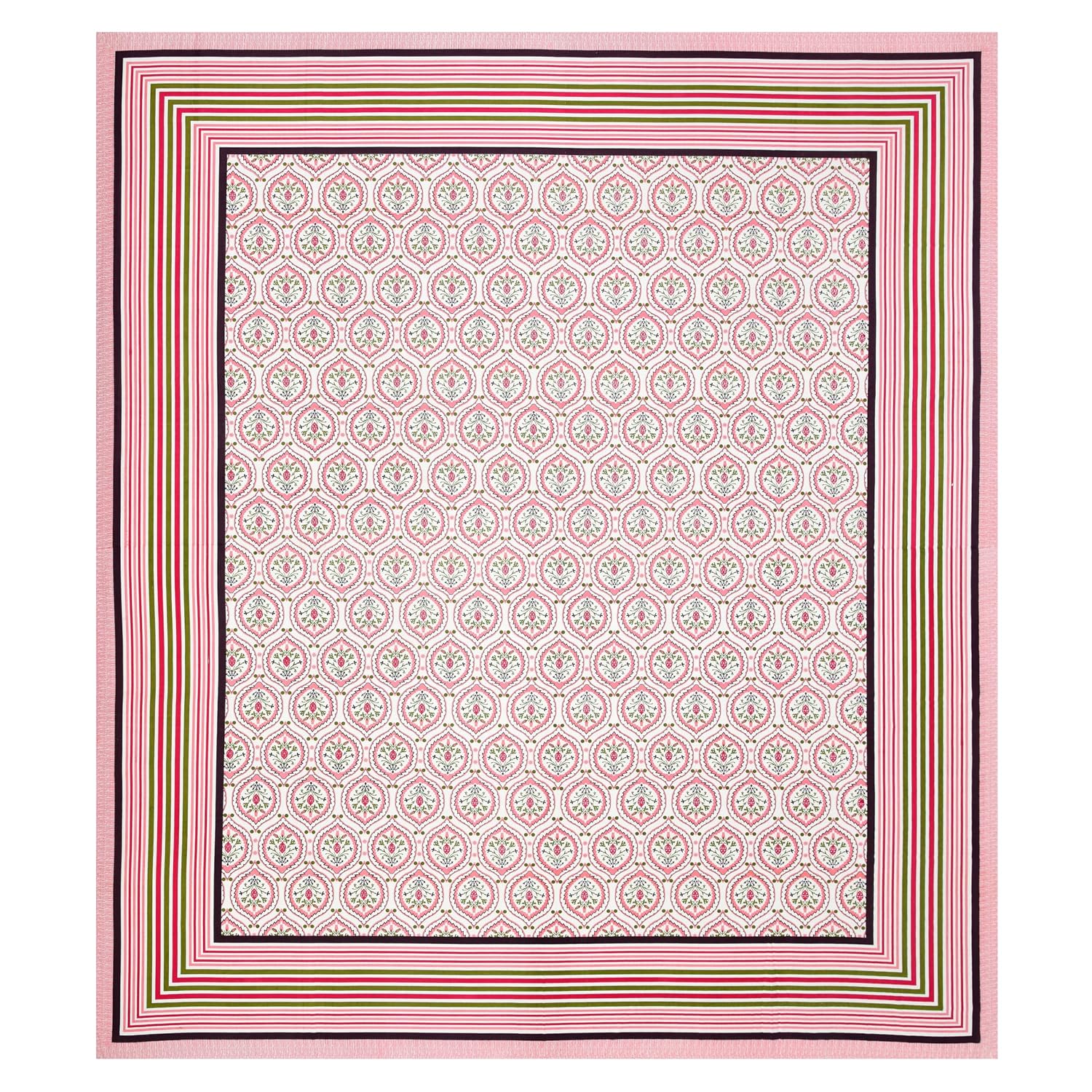 Bedsheet For Queen Bed With 2 Pillow Covers - 90 X 108 Inches, White & Pink | Pure Cotton Traditional Jaipuri Printed | Ideal For Both Everyday Use & Special Events