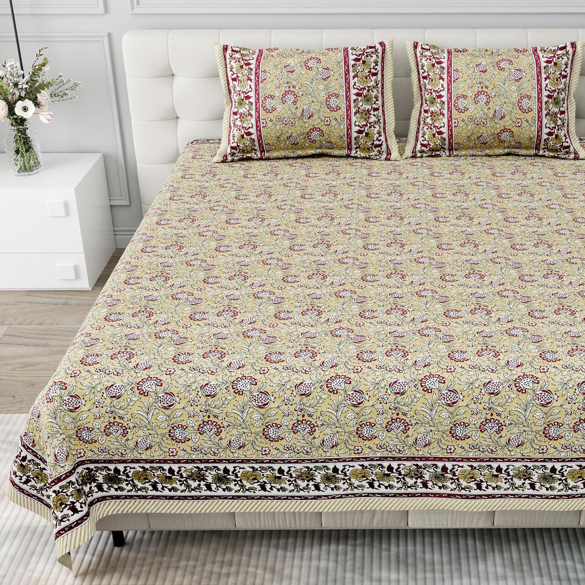 Pure Cotton King Size Bedsheet 2 Matching Pillow Covers | 100x108 Inches, Multicolor | Traditional Jaipuri Printed Bedsheet | Ideal Wedding Gift, Housewarming, Special Occasion Surprise