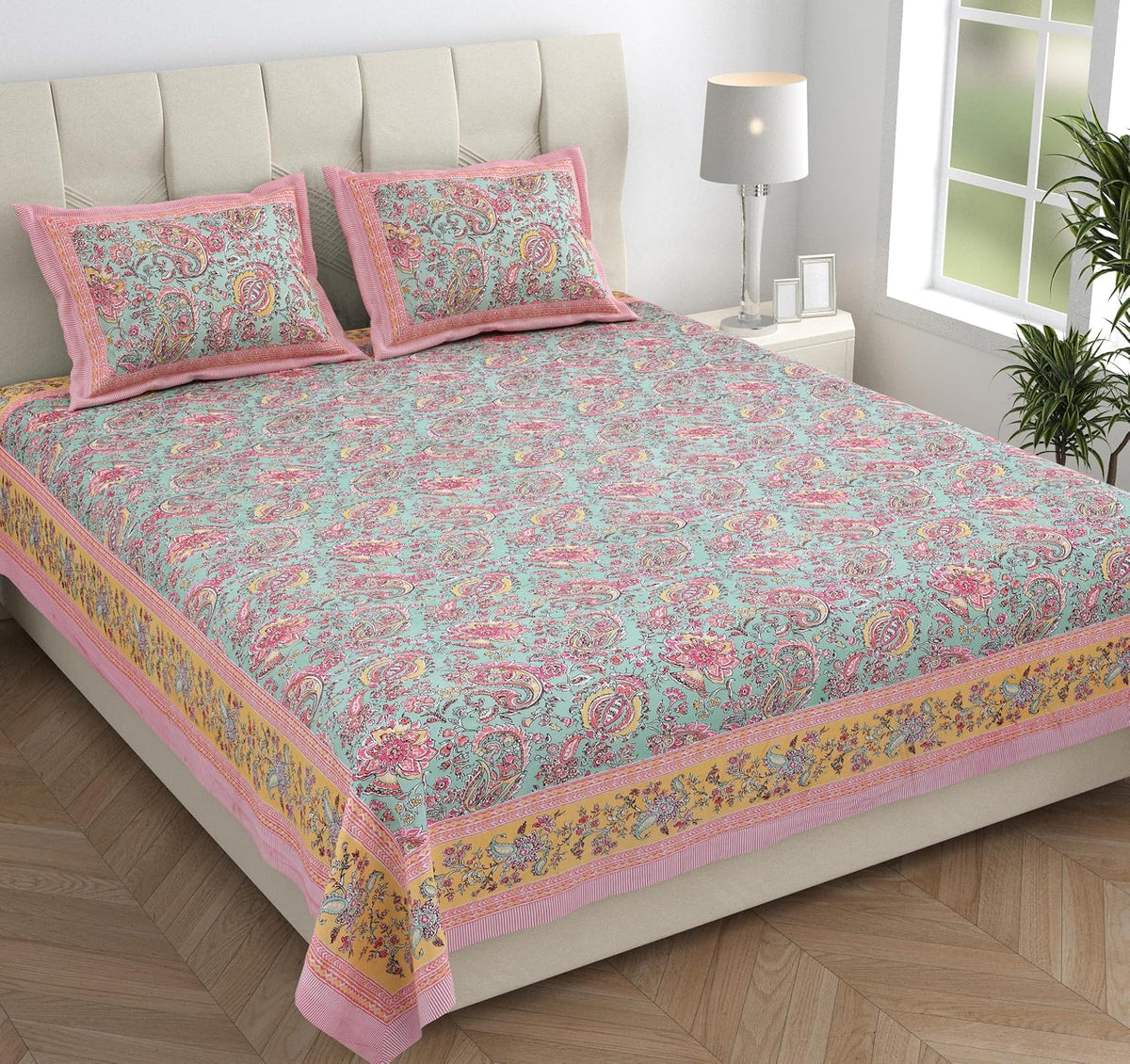 Pure Cotton Double Bedsheet For King Size With 2 Pillow Covers | 90 X 108 Inches, Sky Blue & Pink | Ultra-Soft & Skin-Safe | Breathable Summer Comfort