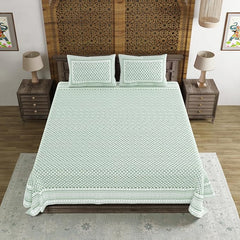 Traditional Hand Block Printed Cotton King Size Bedsheet With 2 Pillow Covers, 104 X 104 Inches, Light Green | 200 Thread Count-Vibrant Bedding For Stylish Bedrooms