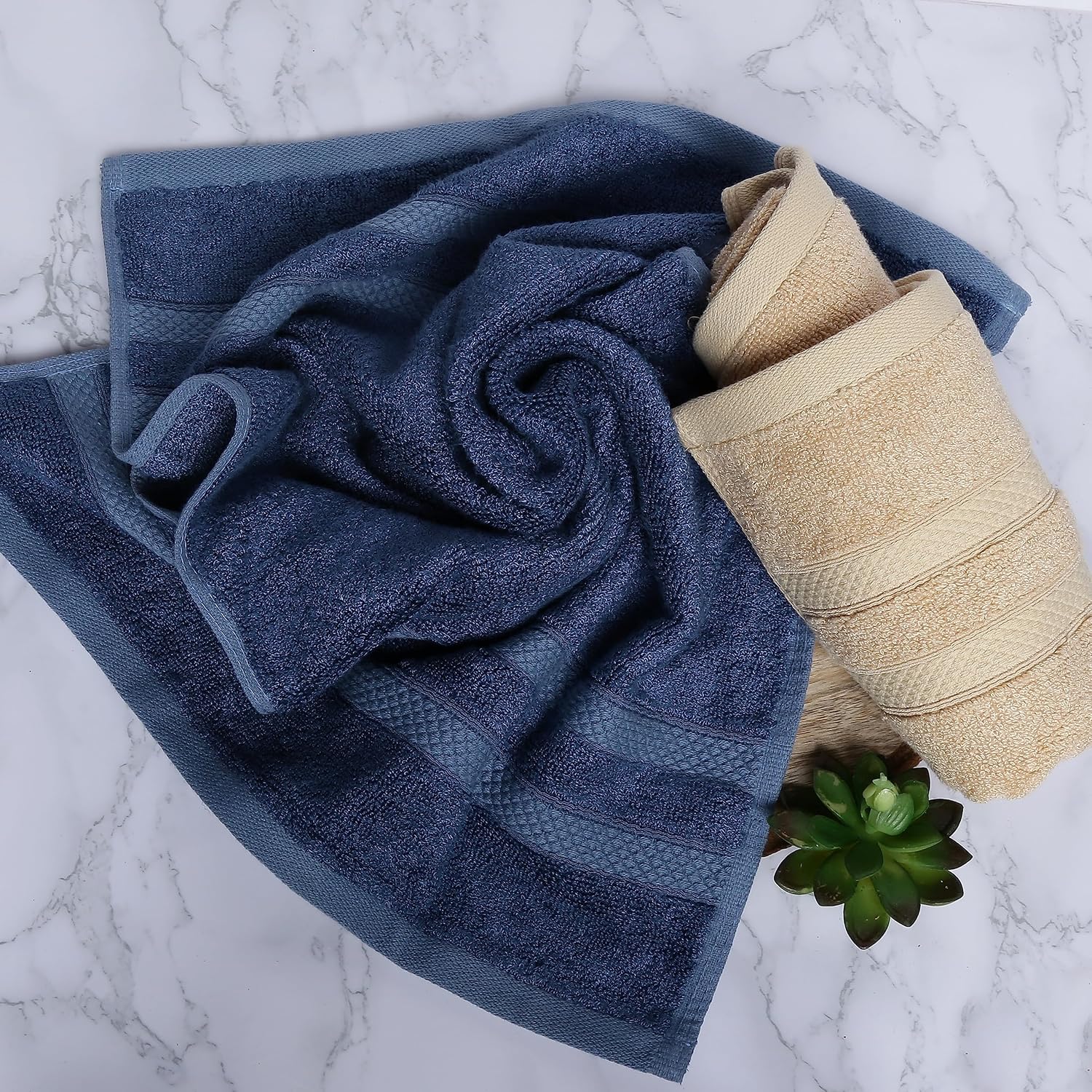 Velve 100% Bamboo Hand Towel 600 Gsm | Premium Small Towels For Gym & Everyday Use | Ultra Soft, Absorbent | Royal Blue & Beige (Set Of 2)