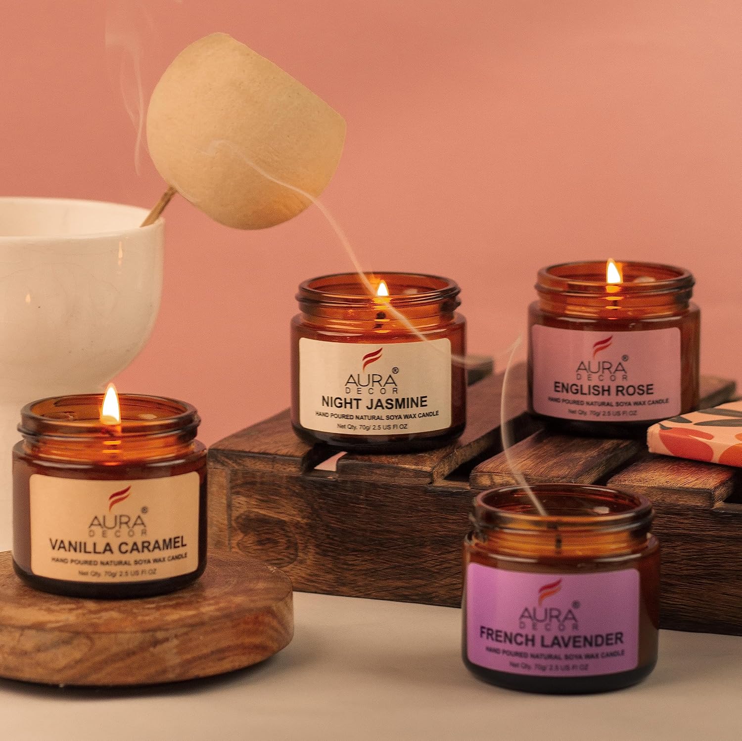 ENGLISH ROSE,VANILLA CARAMEL, NIGHT JASMINE,FRENCH LAVENDER JAR CANDLES SET OF 4