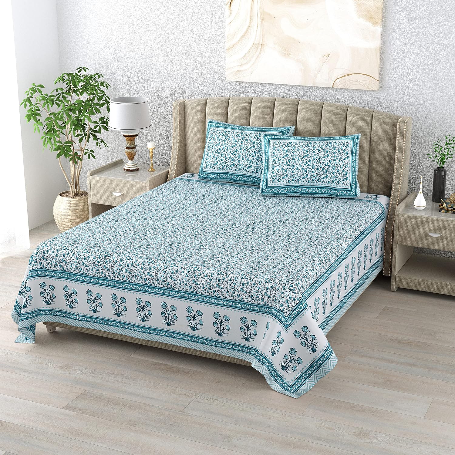 King Size Double Bedsheet With 2 Matching Pillow Covers Set | 90 X 108 Inches, White & Blue - Designer Printed Bedsheet Set | Perfectly Styled & Coordinated Look Bedsheet