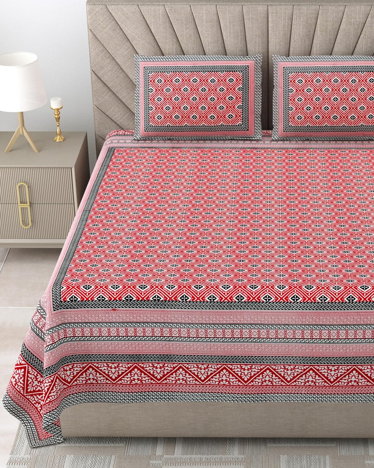 1 Queen Size Bedsheet For Double Bed With 2 Pillow Covers (90 X 108 Inches) Red & Black | Beautiful Printed Designs - Breathable 100% Cotton Bedsheet Comfortable