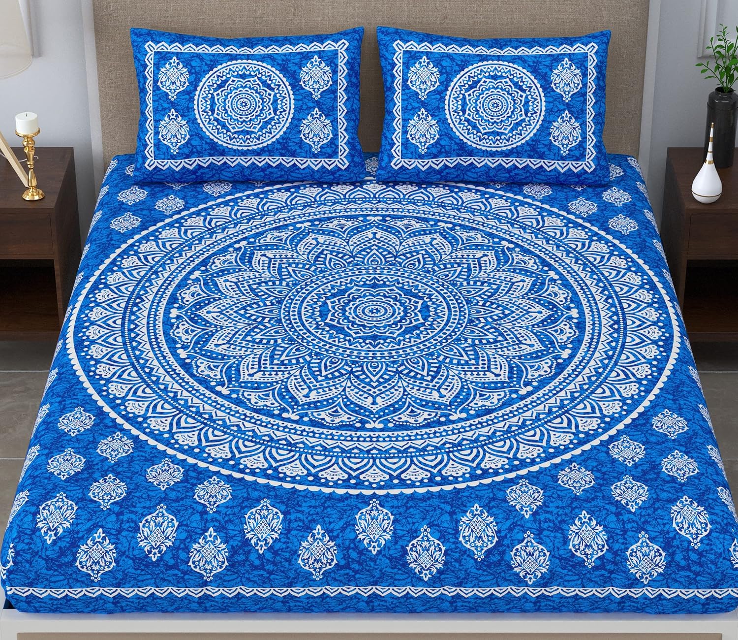 Printed Jaipuri Bedsheet For Double Bed With 2 Pillow Covers - 83 X 94 Inches, Blue | Long Lasting & Soft 120 Thread Count Bedsheet