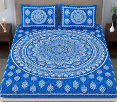Printed Jaipuri Bedsheet For Double Bed With 2 Pillow Covers - 83 X 94 Inches, Blue | Long Lasting & Soft 120 Thread Count Bedsheet