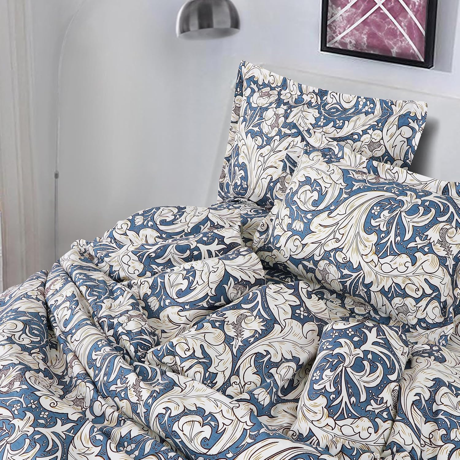 Cotton Elastic Fitted Printed Queen Size Double Bed Bedsheet With 2 Pillow Cover | 60 X 78 Inches, Blue - Soft Touch, Wrinkle Resistant, Skin Friendly