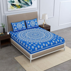 Printed Jaipuri Bedsheet For Double Bed With 2 Pillow Covers - 83 X 94 Inches, Blue | Long Lasting & Soft 120 Thread Count Bedsheet