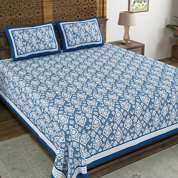 Hand Block Printed Cotton King Size Bedsheet With 2 Pillow Covers, 106 X 106 Inches, Blue | 200 Thread Count-Good For Villas, Guest Houses, & Daily Home Use