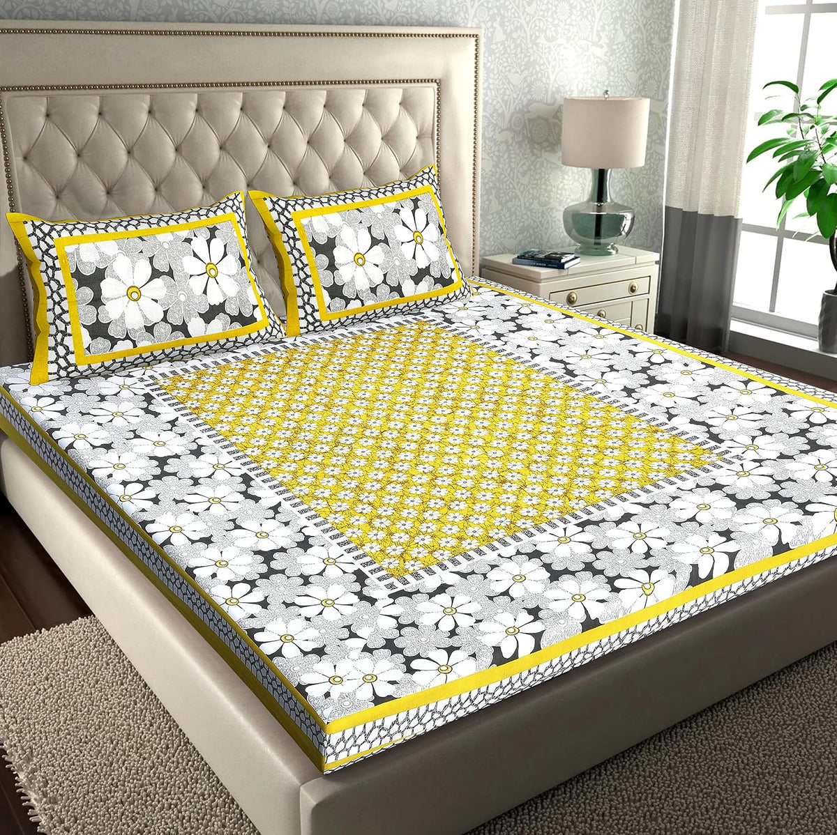 Pure 100% Cotton Double Bed Sheet With 2 Pillow Covers - 90 X 100 Inches, Yellow & White | Beautifully Handcrafted Traditional Bedsheets - Skin Friendly Fabric