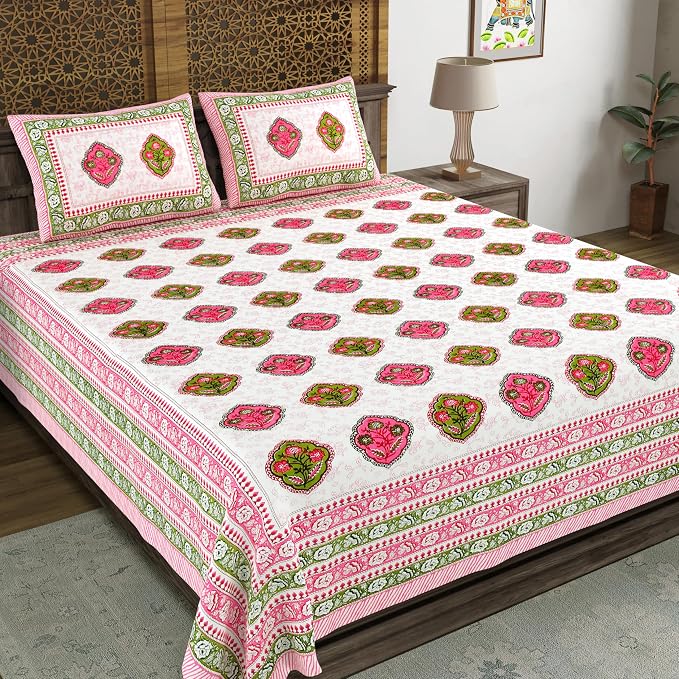 Hand Block Printed Cotton King Size Bedsheet With 2 Pillow Covers, 90 X 108 Inches, White | Good For Villas, Guest Houses, & Daily Home Use