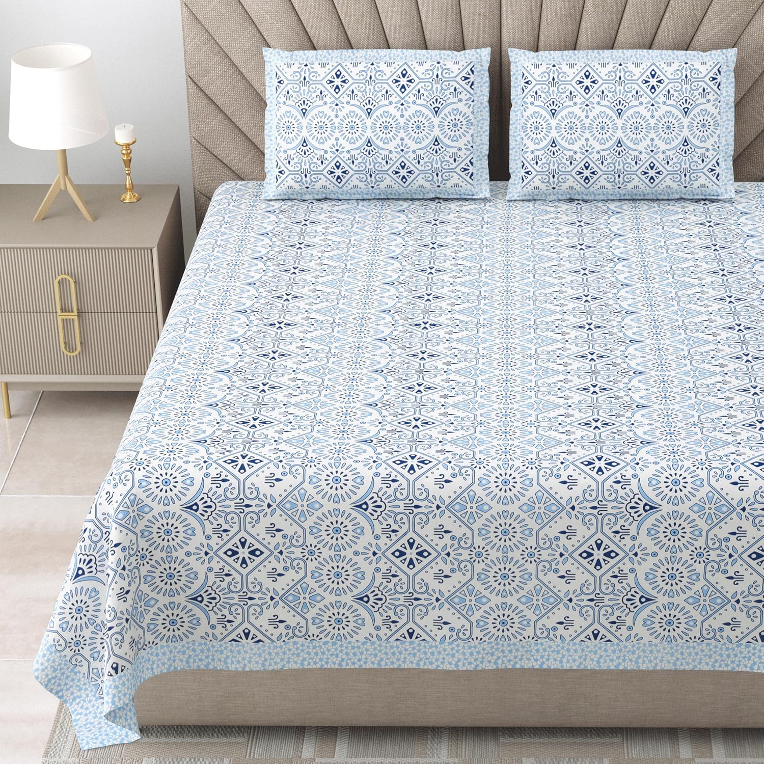 1 Queen Size Bedsheet For Double Bed With 2 Pillow Covers (90 X 108 Inches) Sky Blue & White | Beautiful Printed Designs - Breathable 100% Cotton Bedsheet Comfortable