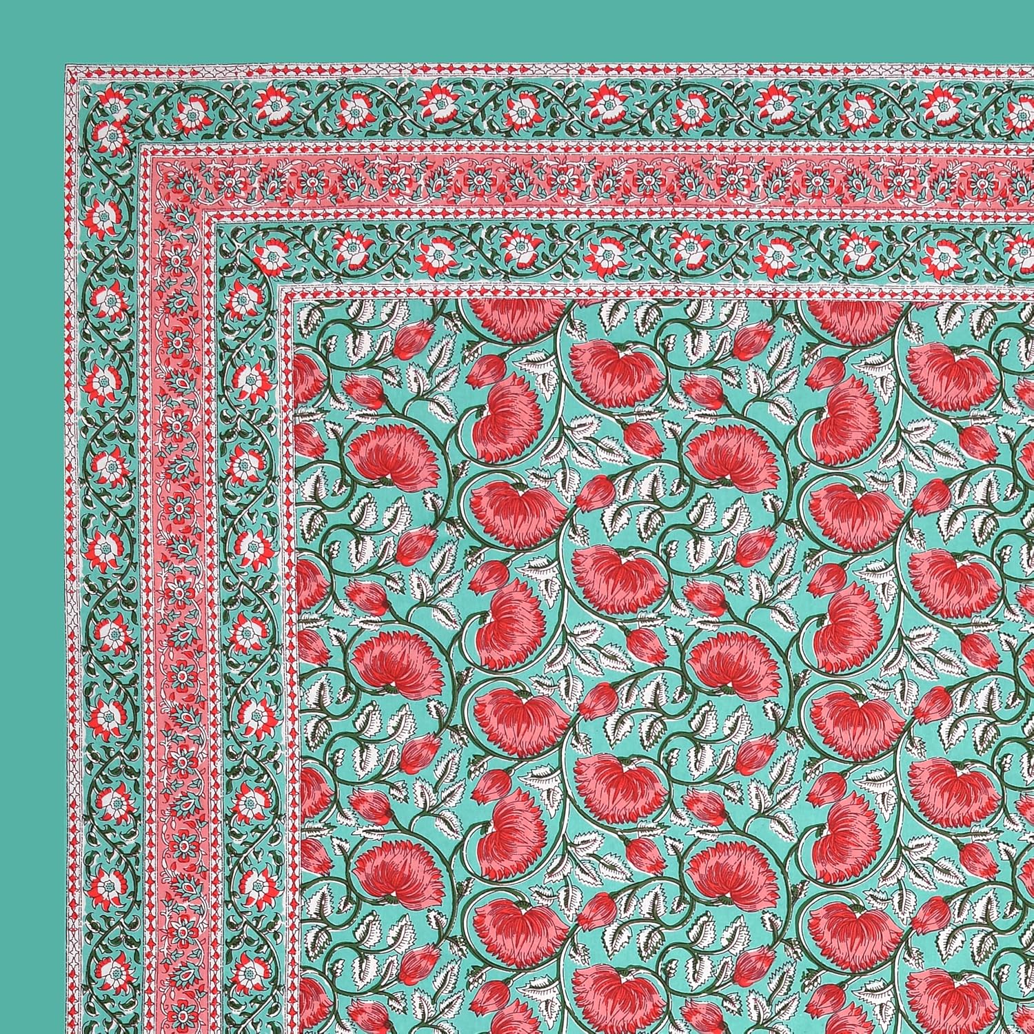 Hand Printed Double Bedsheet For King Size With 2 Pillow Covers | 90 X 108 Inches, Turquoise & Pink | Ultra-Soft & Skin-Safe | Breathable Summer Comfort