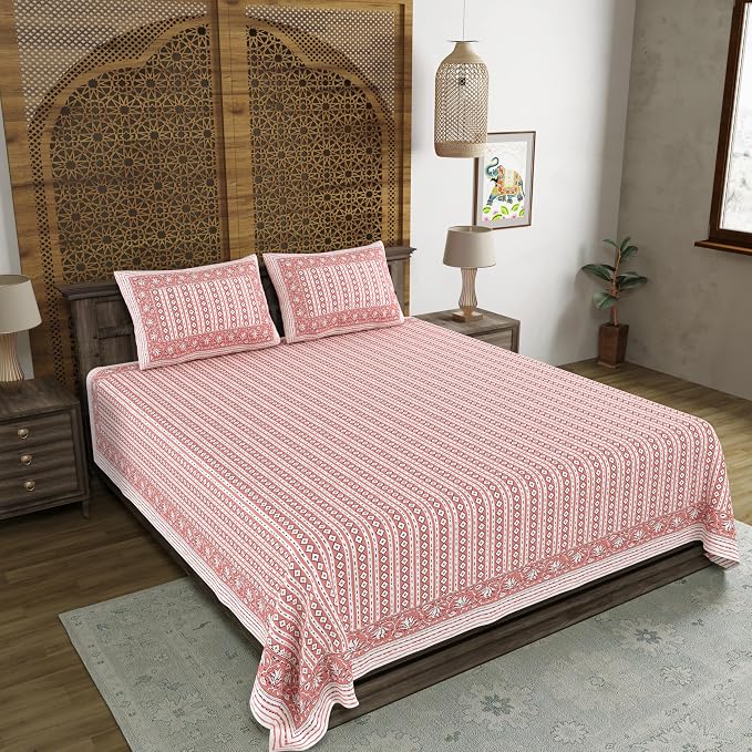 Hand Block Printed Cotton King Size Bedsheet With 2 Pillow Covers, 106 X 106 Inches, Pink | Good For Villas, Guest Houses, & Daily Home Use