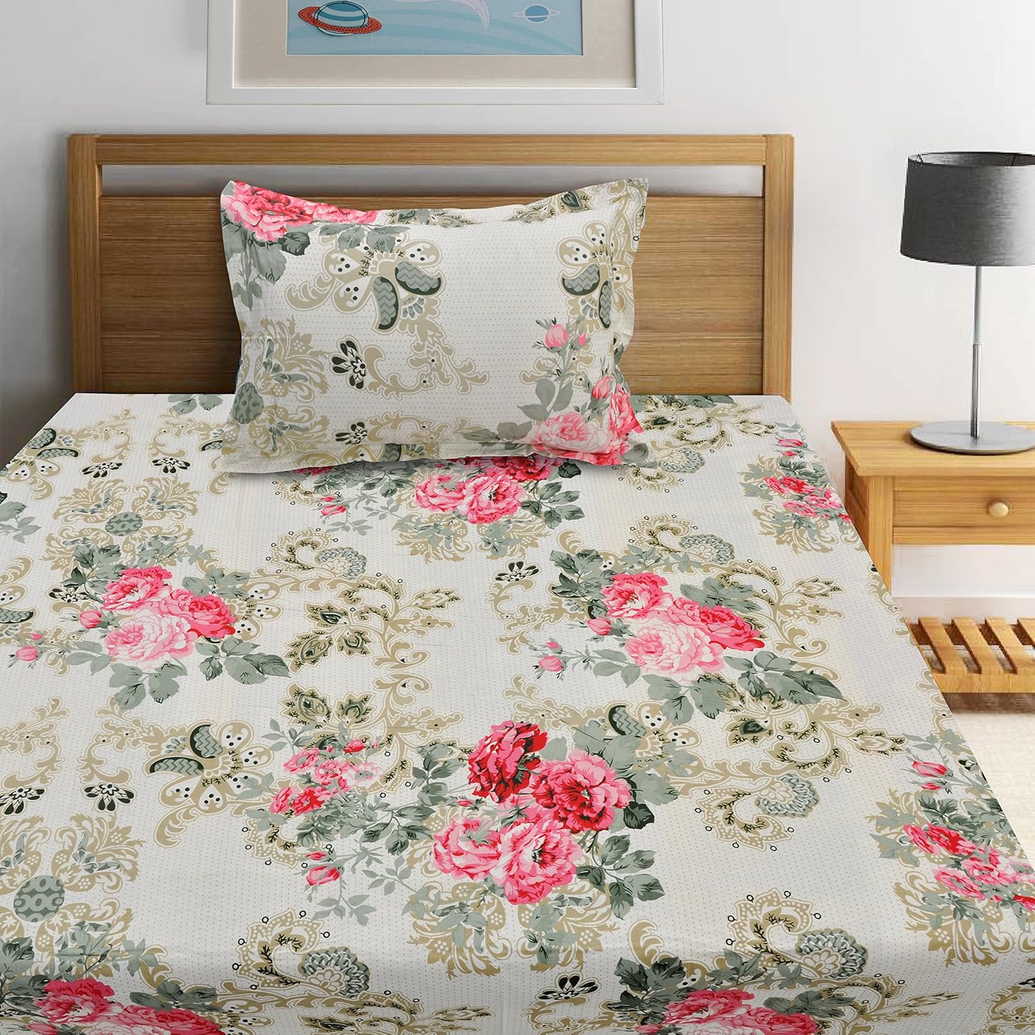 Single Bedsheet With 1 Pillow Cover - 55 X 88 Inches, Pink & Green | Lightweight, Soft & Breathable - Perfect For Gifting On Weddings Bedsheet