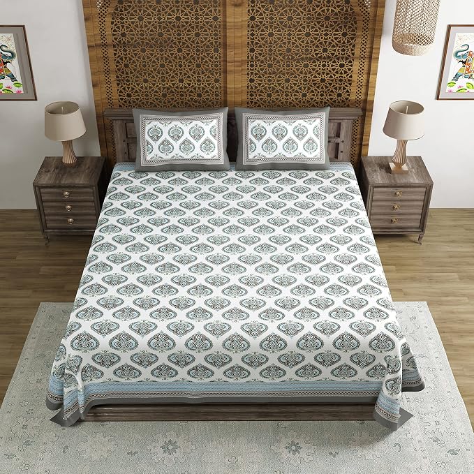 Hand Block Printed Cotton King Size Bedsheet With 2 Pillow Covers, 90 X 108 Inches, White | Good For Villas, Guest Houses, & Daily Home Use