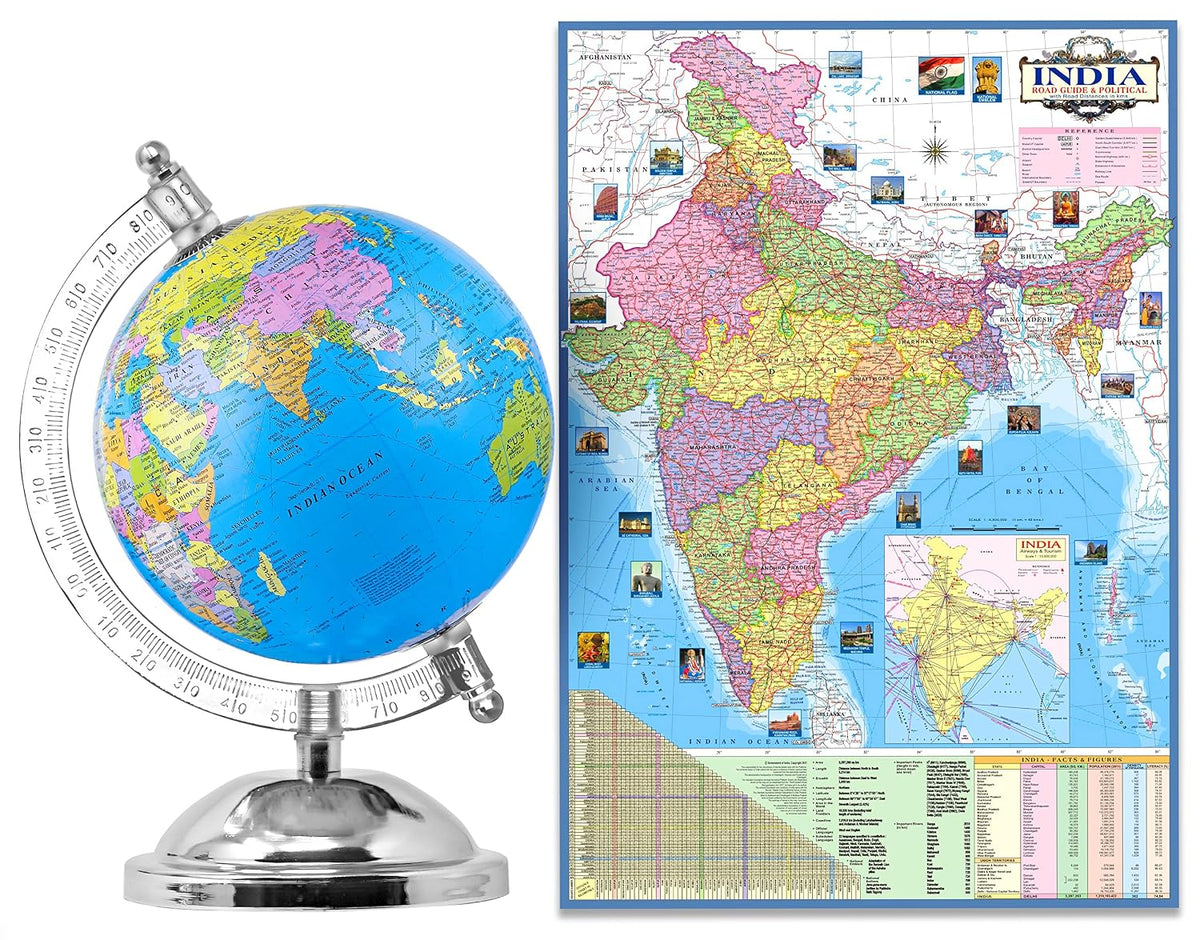 Educational Globe - 7 Inch Height Metal Base + India Political Map (70 X 100 Cm) - Home & Office Decor World Globe For Gifting, Decorating & Learning