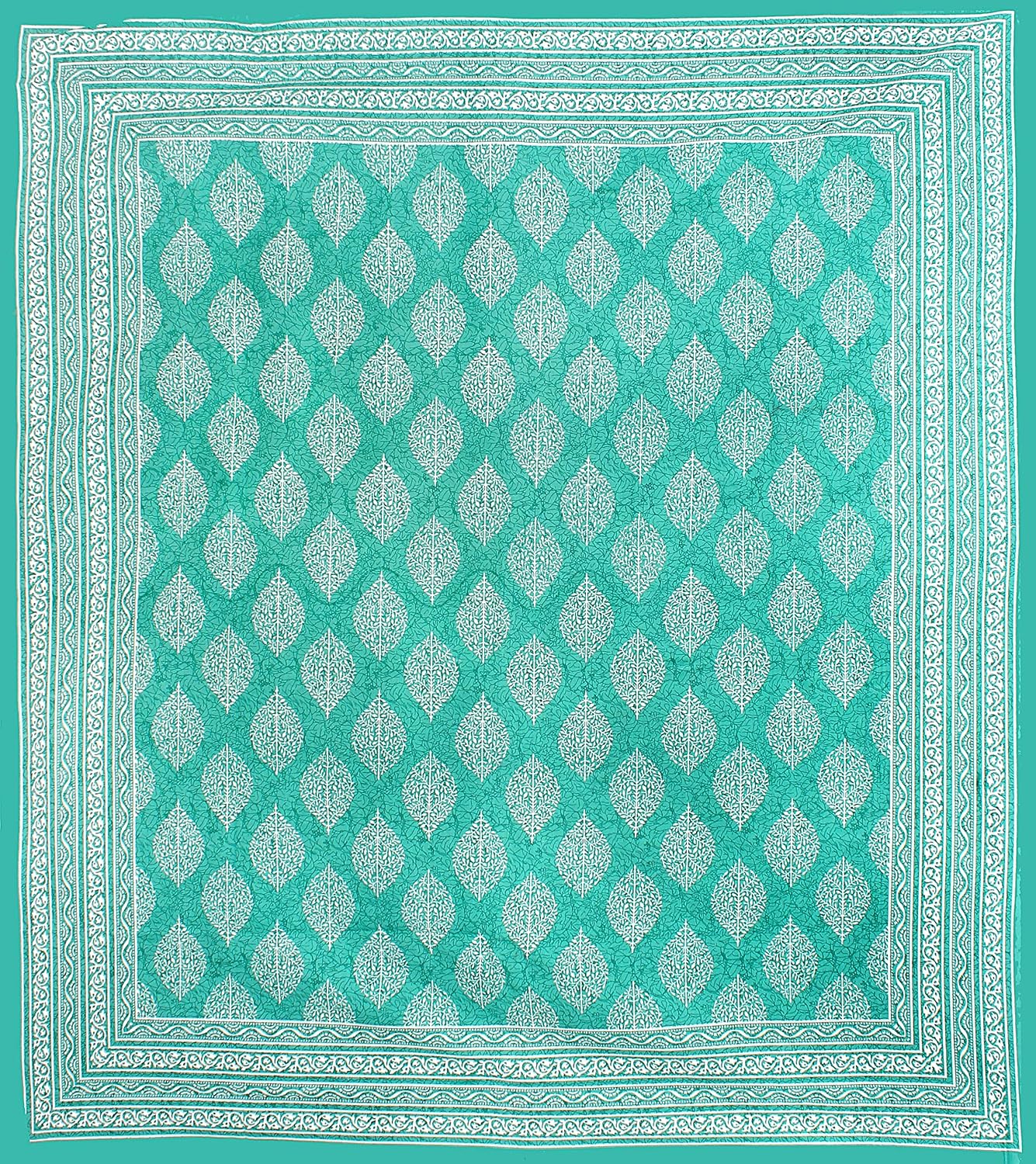 Jaipuri Traditional Queen Size Double Bedsheet With 2 King Size Pillow Covers - 90 X 100 Inches, Sea Green & White | Unique Design & Color Combination Perfectly Suits To Your Bedroom
