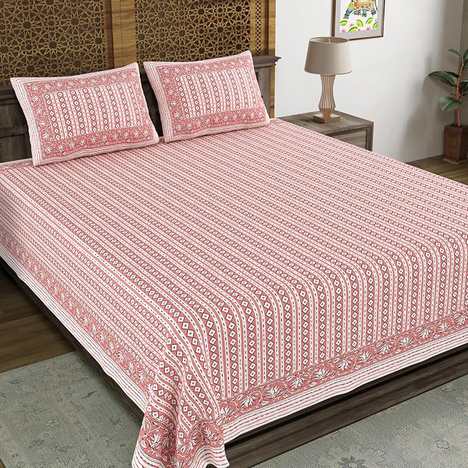 Hand Block Printed Cotton King Size Bedsheet With 2 Pillow Covers, 106 X 106 Inches, Pink | Good For Villas, Guest Houses, & Daily Home Use