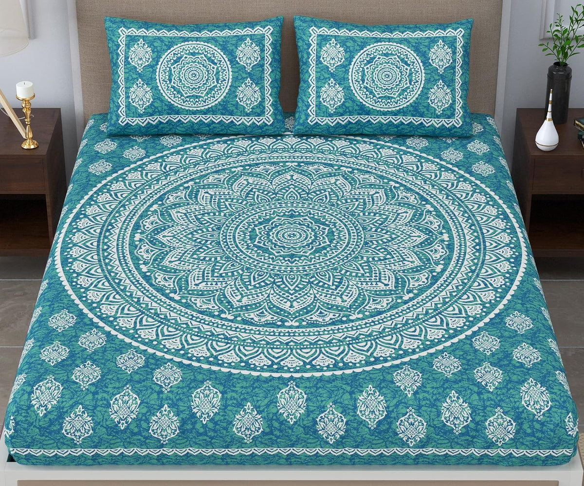 Printed Jaipuri Bedsheet For Double Bed With 2 Pillow Covers - 83 X 94 Inches, Sea Green | Long Lasting & Soft 120 Thread Count Bedsheet