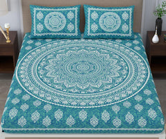 Printed Bedsheet For Double Bed King Size With 2 Pillow Covers - 106 X 106 Inches, Sea Green | Long Lasting & Soft 120 Thread Count Bedsheet | Traditional Jaipuri Printed Bedsheet