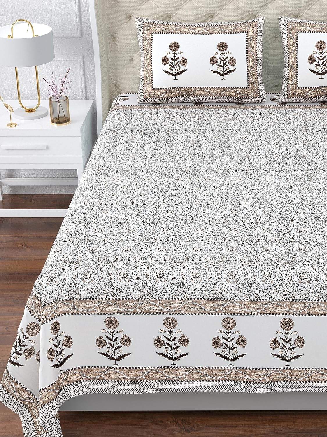 100% Cotton King Size Bedsheet For Double Bed With 2 Pillow Cover - 108 X 108 Inches, Brown & White | Extra Soft & Wrinkle Free | Perfect Gifting Wedding, Housewarming Or Festival