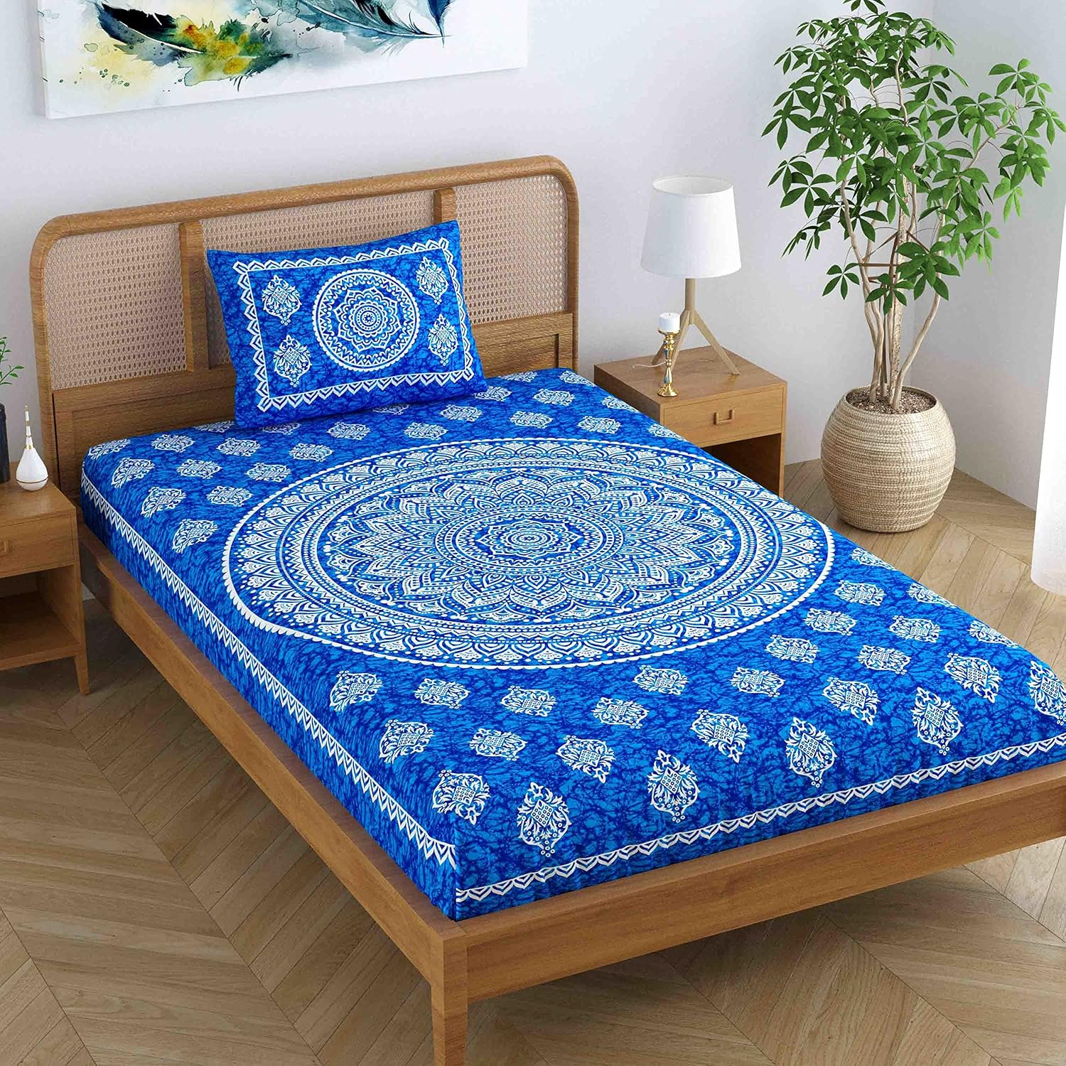 Single Bedsheet With 1 Pillow Covers - 54 X 84 Inches, Blue | Long Lasting & Soft 120 Thread Count Bedsheet | Traditional Jaipuri Printed Bedsheet
