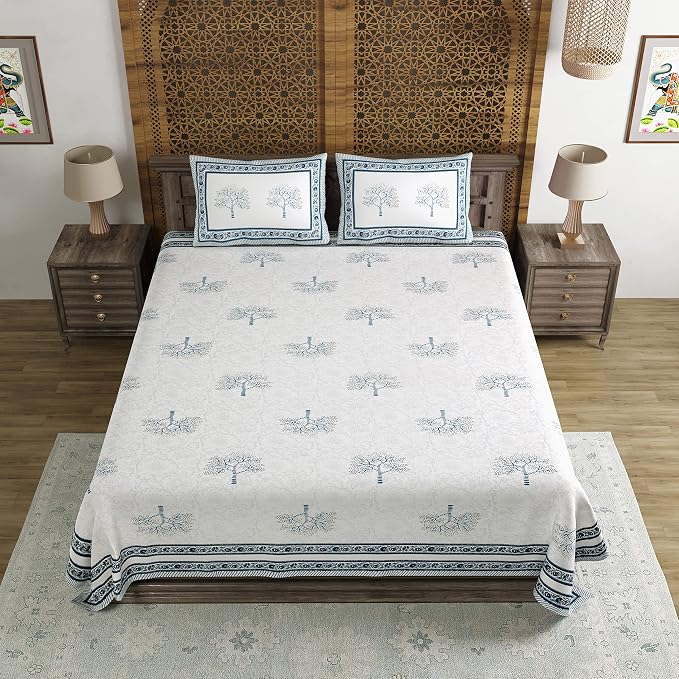 Hand Block Printed Cotton King Size Bedsheet With 2 Pillow Covers, 90 X 108 Inches, Light Grey | Good For Villas, Guest Houses, & Daily Home Use