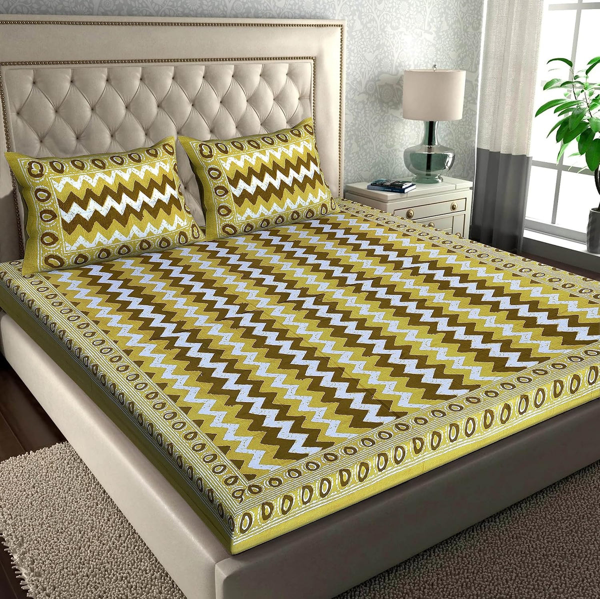 Printed Double Bedsheets For King Size With Tow Matching Pillow Covers - 90 X 100 Inches, Green & Brown | Comfort Jaipuri Collection Bedsheet - Suitable For All Seasons