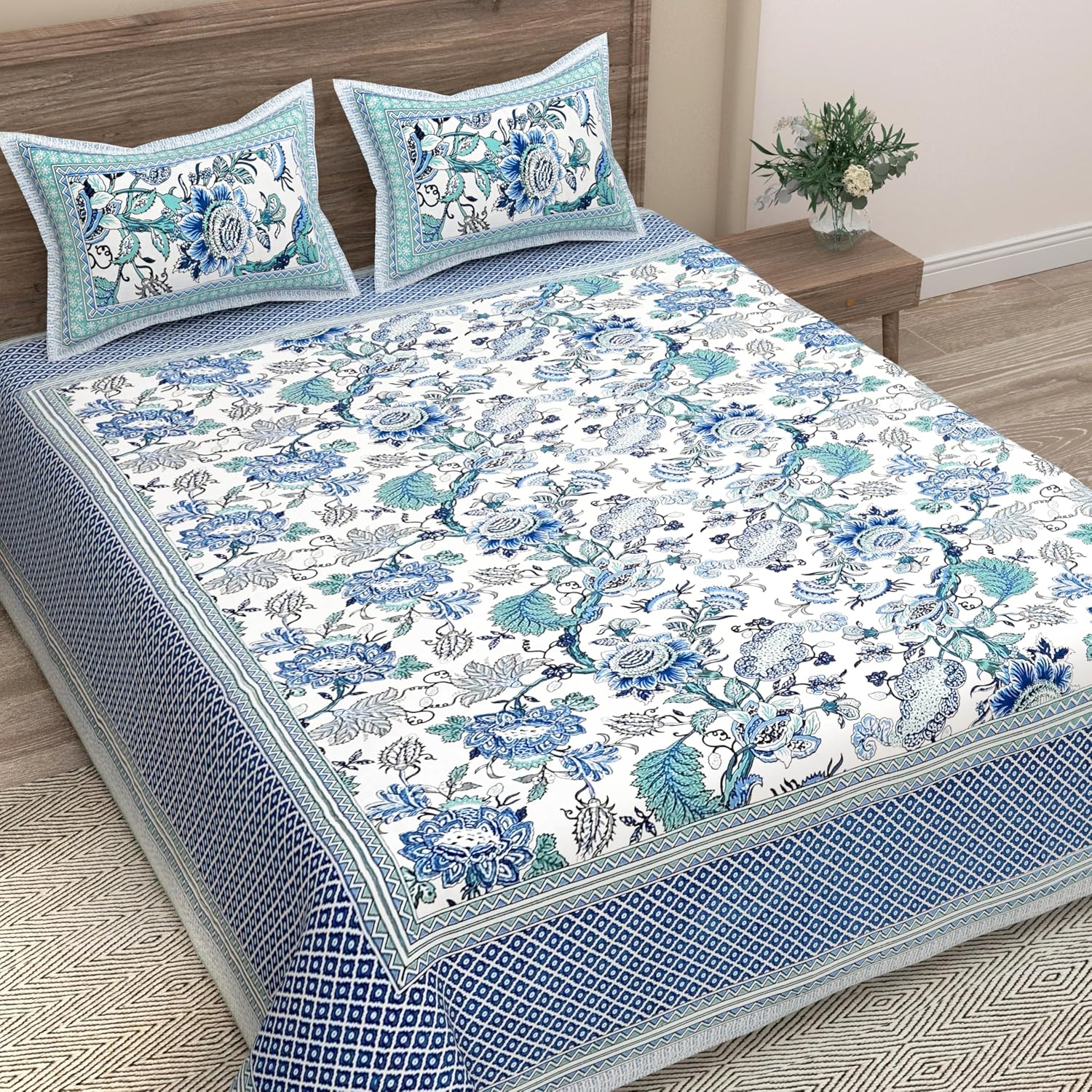Traditional Rajasthani Design Bedsheet With 2 Pillow Covers - 90 X 108 Inches, Sky Blue | Color Fade Resistant & Shrinkage Resistant For All-Season Use