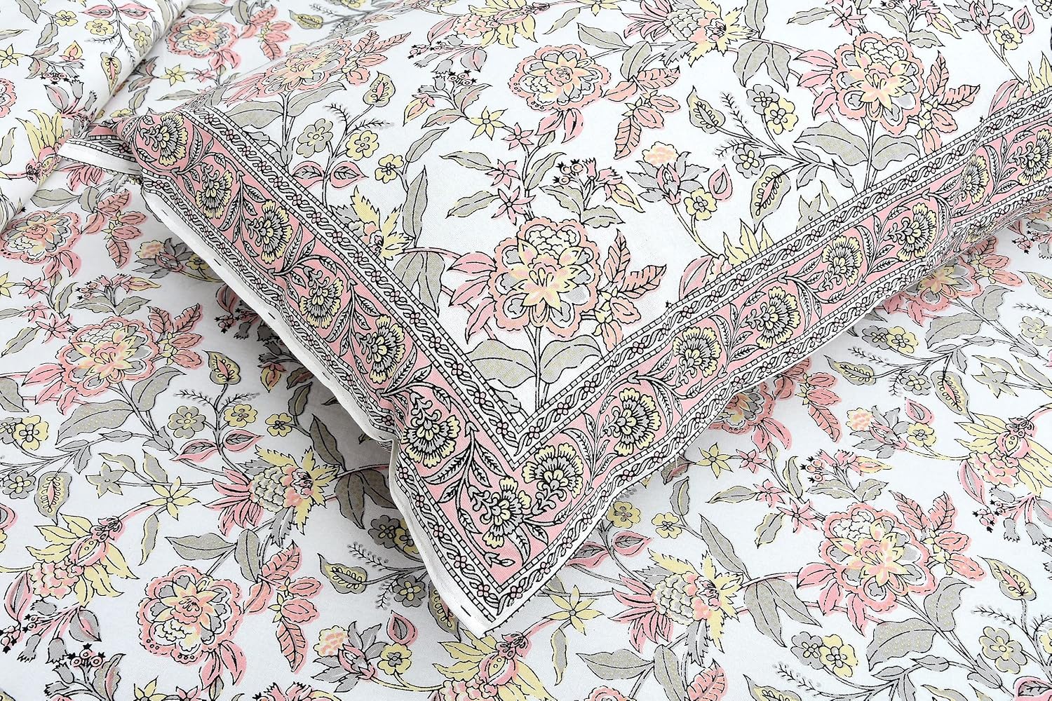 Traditional Rajasthani Design Bedsheet With 2 Pillow Covers - 90 X 108 Inches, White & Pink | Color Fade Resistant & Shrinkage Resistant For All-Season Use