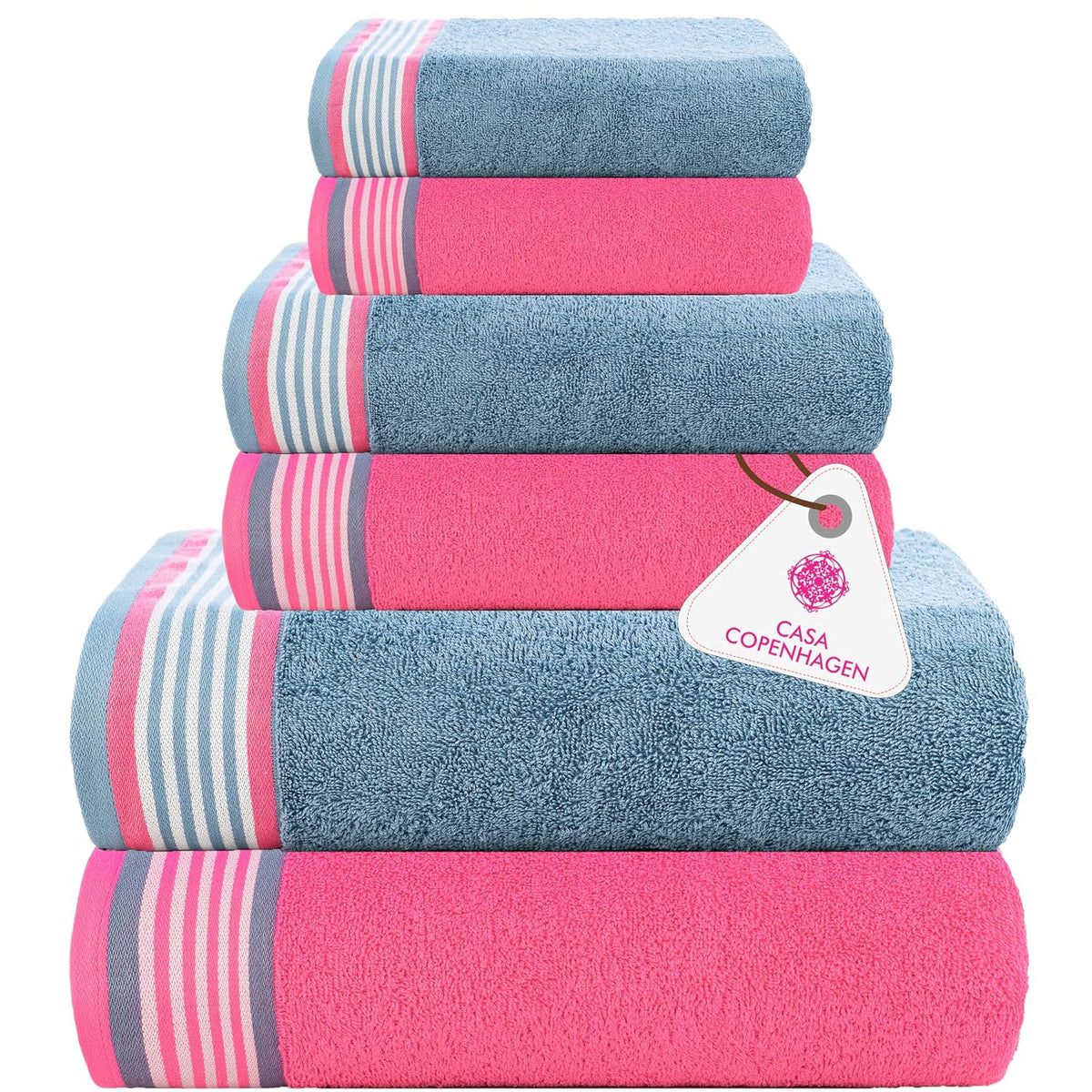 Casa Copenhagen Egyptian Design 2 Bath + 2 Hand & 2 Washcloths Towels 1800 Gsm | He & She Super Soft Collection 100% Cotton 6 Piece Towel Set - Dusty Blue & Pink
