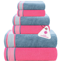 Casa Copenhagen Egyptian Design 2 Bath + 2 Hand & 2 Washcloths Towels 1800 Gsm | He & She Super Soft Collection 100% Cotton 6 Piece Towel Set - Dusty Blue & Pink