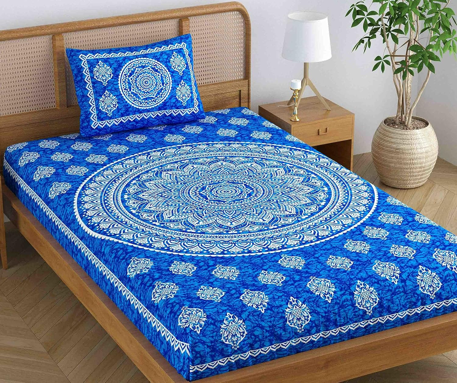 Single Bedsheet With 1 Pillow Covers - 54 X 84 Inches, Blue | Long Lasting & Soft 120 Thread Count Bedsheet | Traditional Jaipuri Printed Bedsheet