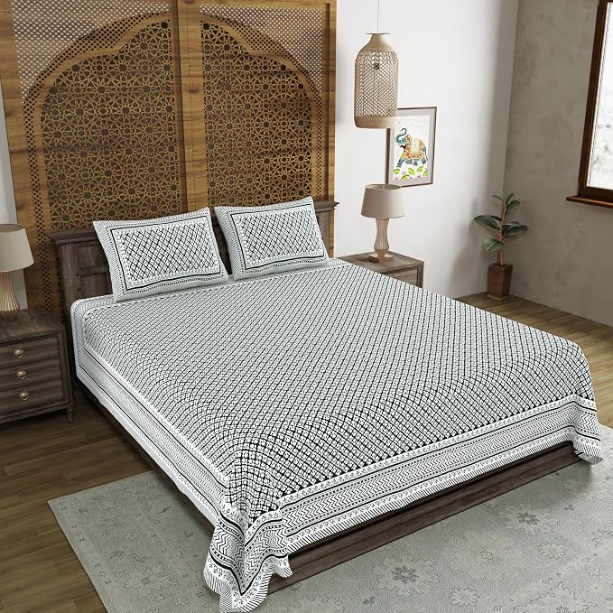 Traditional Hand Block Printed Cotton King Size Bedsheet With 2 Pillow Covers, 104 X 104 Inches, Dark Green | 200 Thread Count-Vibrant Bedding For Stylish Bedrooms