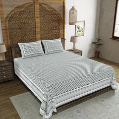 Traditional Hand Block Printed Cotton King Size Bedsheet With 2 Pillow Covers, 104 X 104 Inches, Dark Green | 200 Thread Count-Vibrant Bedding For Stylish Bedrooms