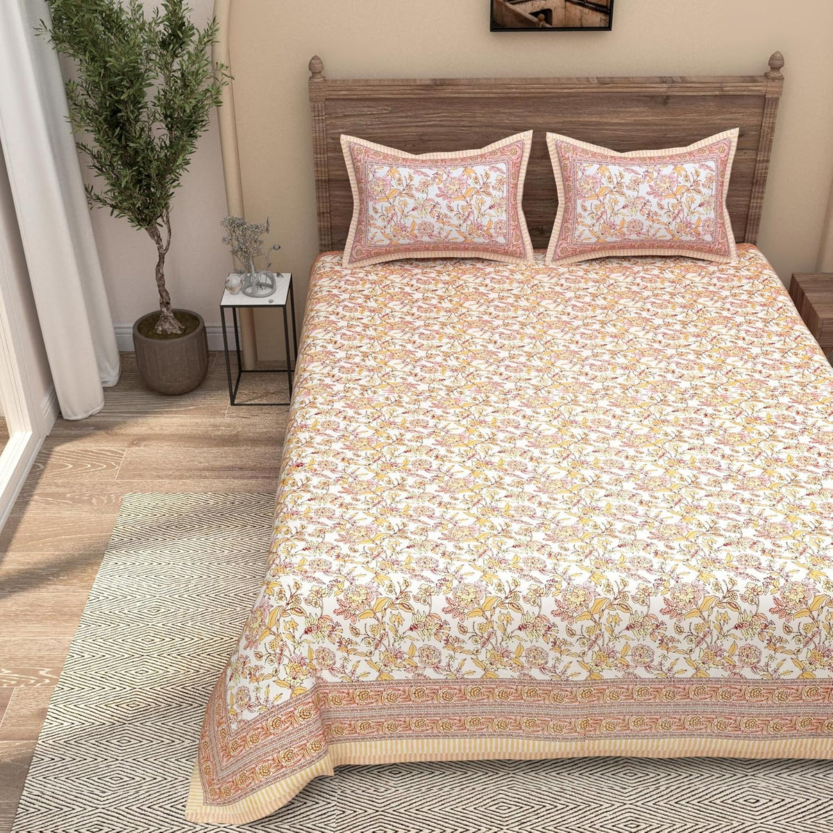 Traditional Rajasthani Design Bedsheet With 2 Pillow Covers - 90 X 108 Inches, Peach & Yellow | Color Fade Resistant & Shrinkage Resistant For All-Season Use