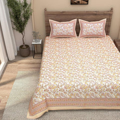 Traditional Rajasthani Design Bedsheet With 2 Pillow Covers - 90 X 108 Inches, Peach & Yellow | Color Fade Resistant & Shrinkage Resistant For All-Season Use